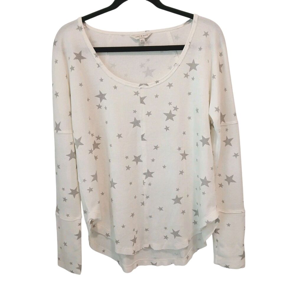 Lucky Brand Thermal Pullover Waffle Top Women's Medium Gray Ivory Stars Shirt